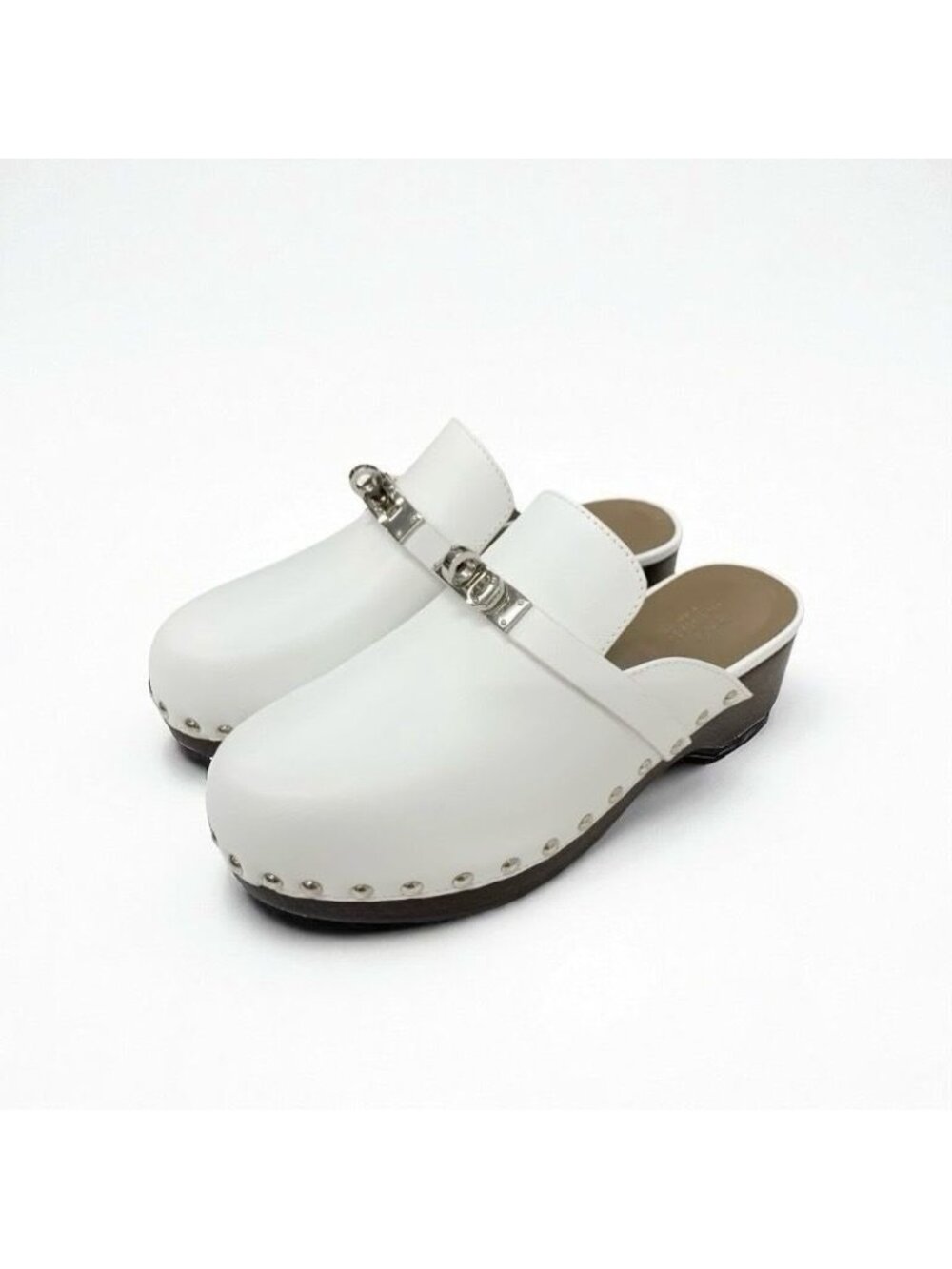 Hermes Carlotta Sandals Shoes Leather White Silver Kelly Hardware Sabo Mule - Picture 2 of 11
